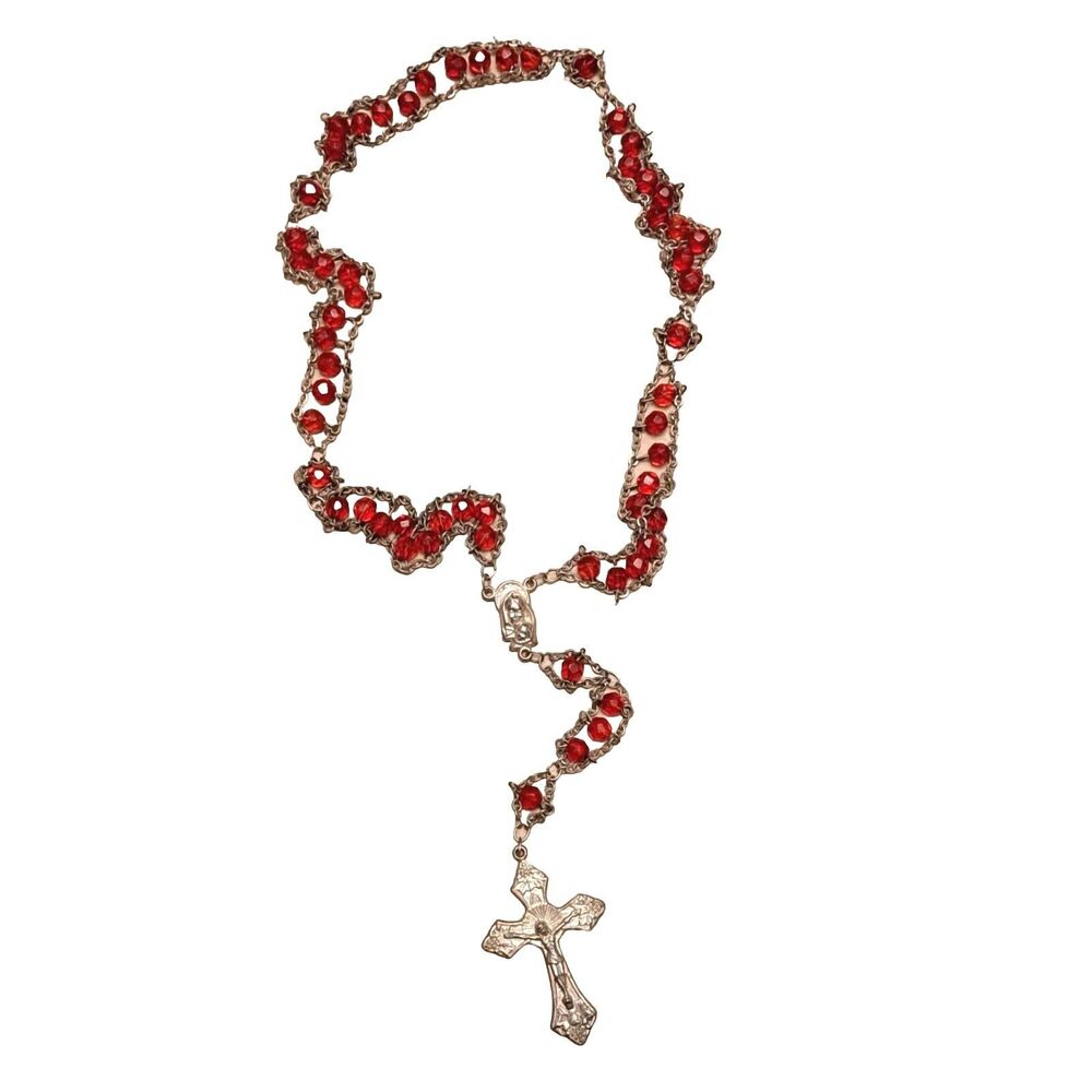 Autom Beads Rosary Necklace Beaded Chaplet Holy Mary Medal & Cross Religiuos Red